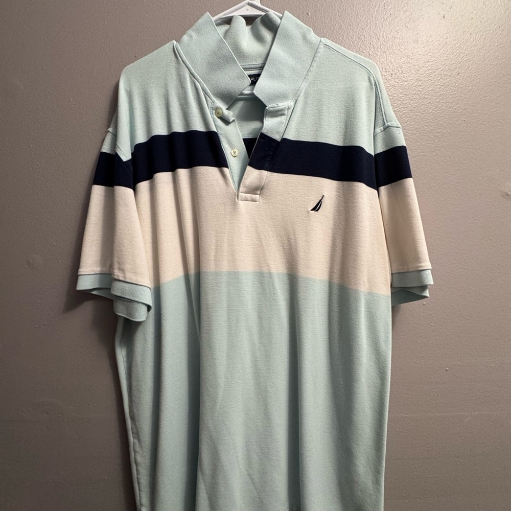 Nautica Men's Polo in Sky Bluewith Navy and Cream Stripes